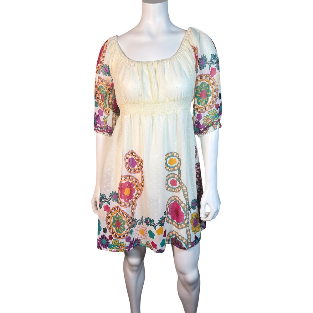 Forever‎ Women Cream Swiss Dot Floral Paisley Empire Waist Boho Mini Dress S
